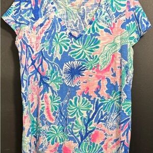 Lilly Pulitzer Etta Graphic Blue Pink Cap Sleeve Tee